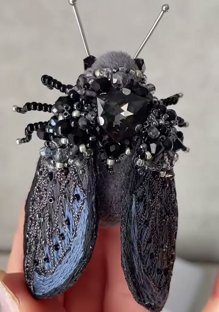The Giant Beaded Cicada Brooch — A Summer Farewell in Black and Blue