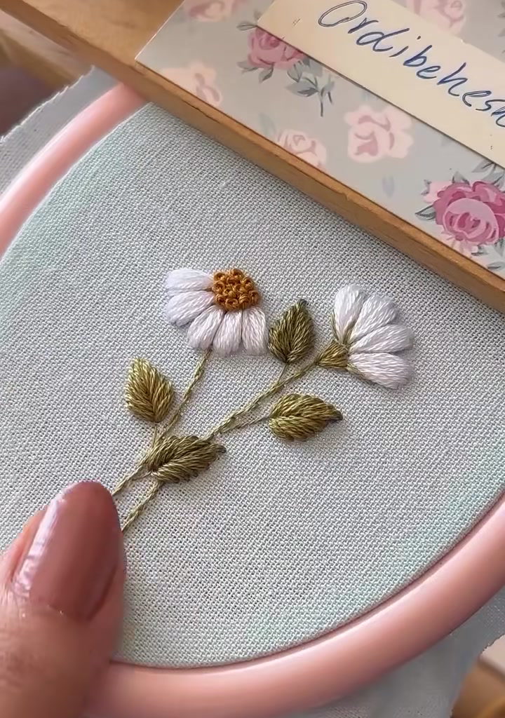 Finished daisy embroidery held in a pink hoop, showing two complete flowers with stems and leaves