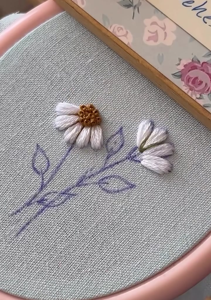 Stems and leaves partially filled with olive-green thread